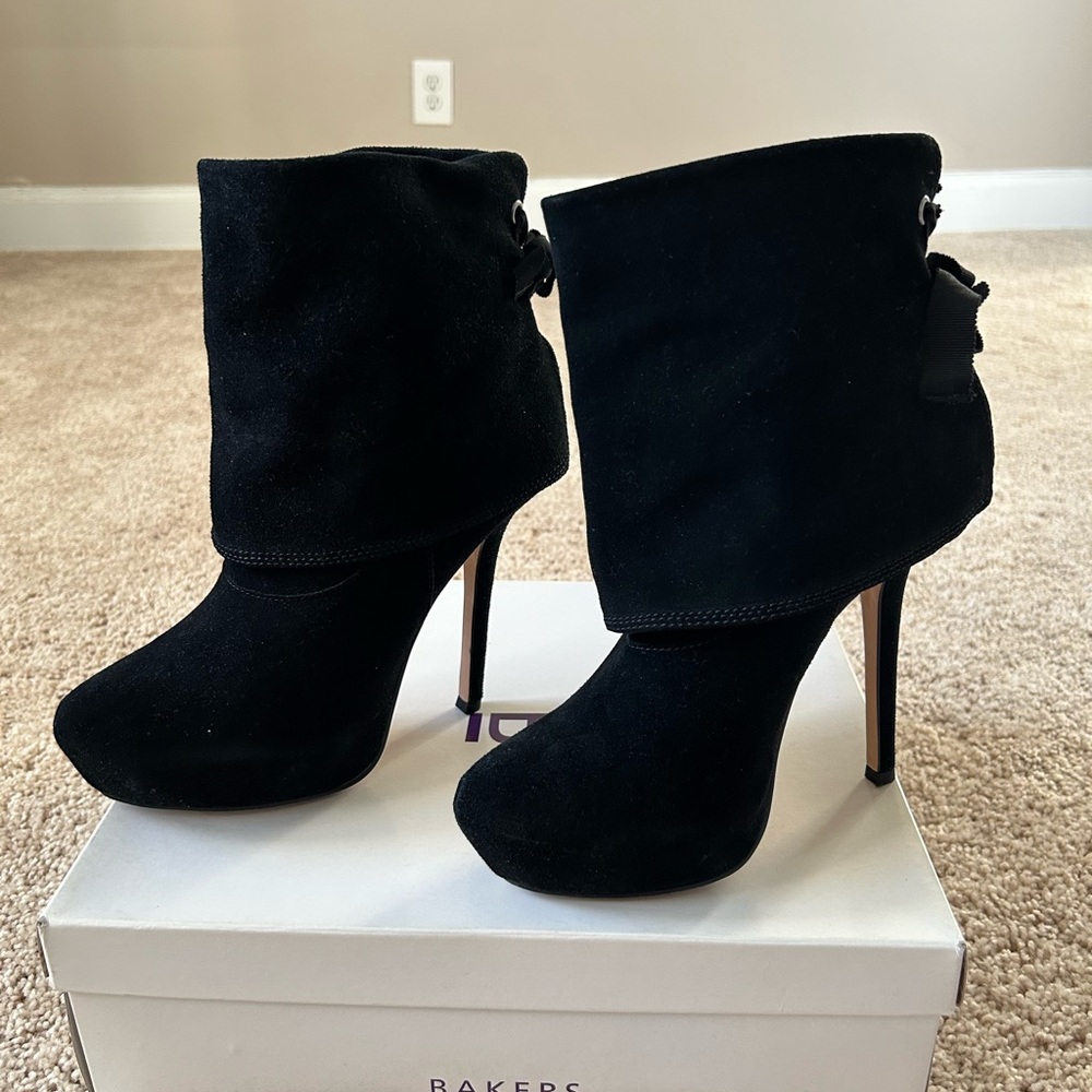 Bakers Black Suede Fold-Over Heeled Boots